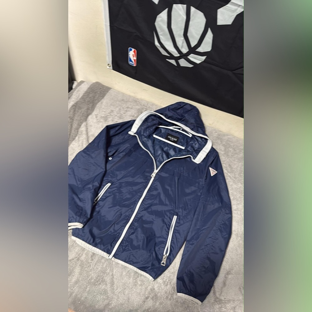 Guess Men's Dark Blue Windbreaker with Hood